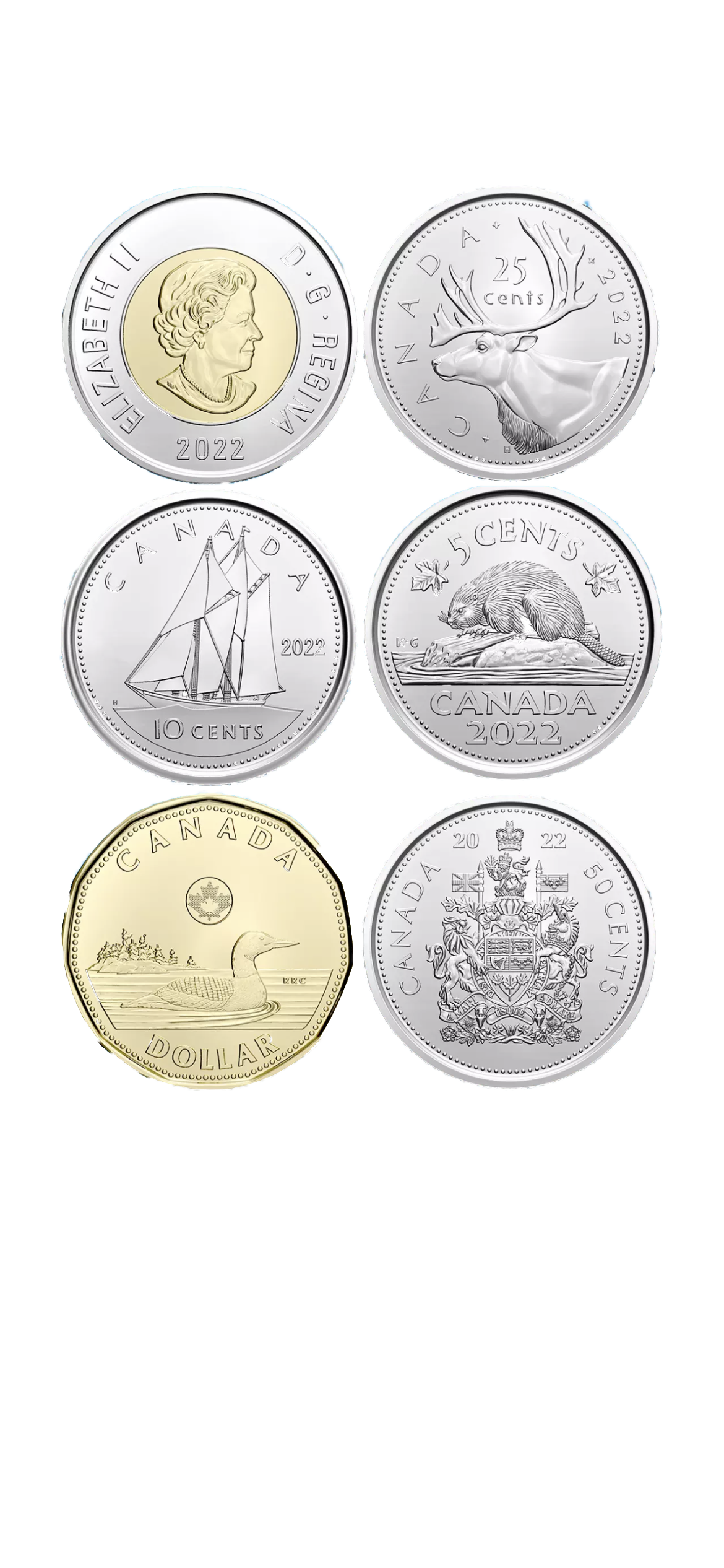 Complete Set of 6 2022 Canada Coins Loonie Toonie. Mint UNC $2 $1 50c 25c 10c 5c