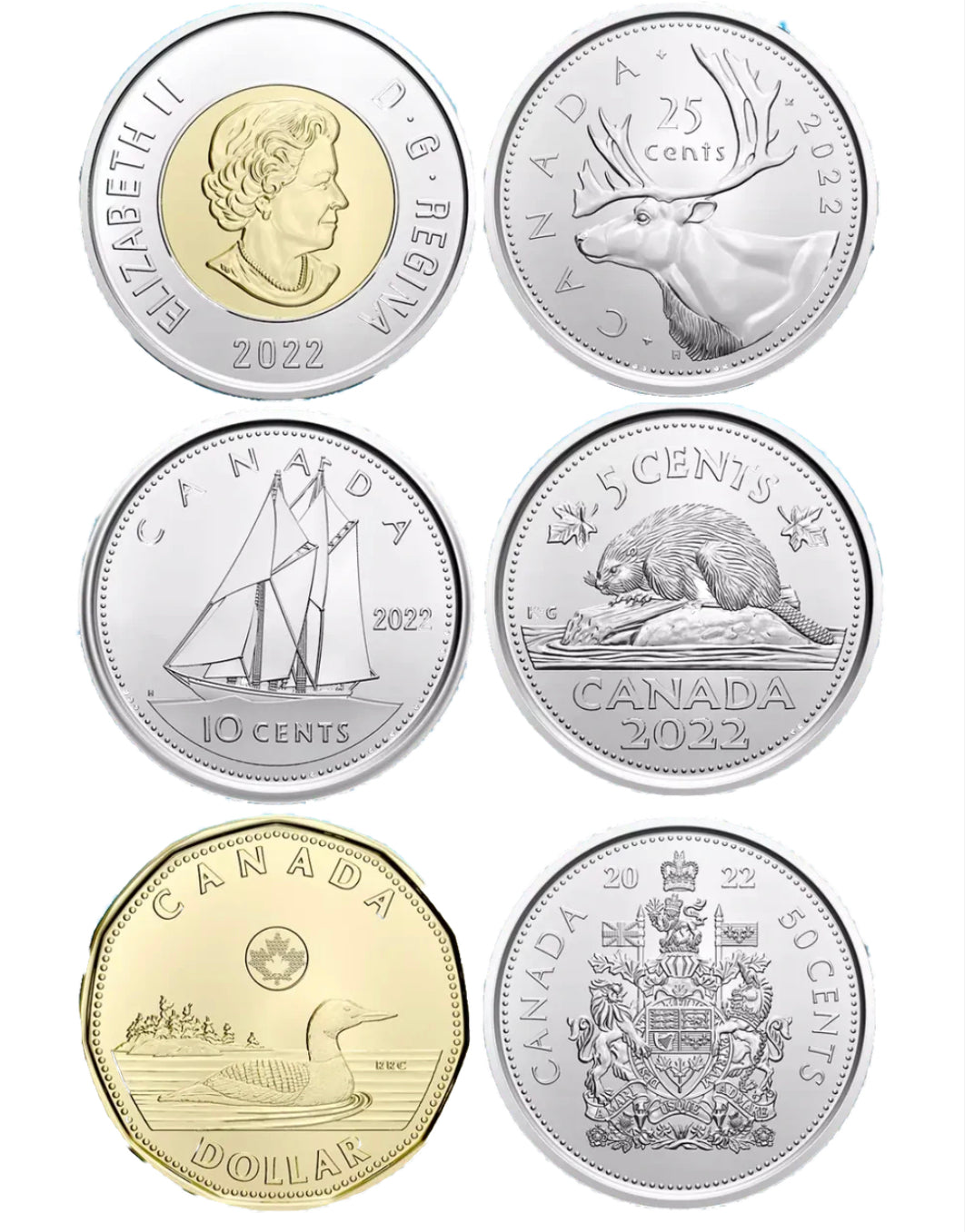 Complete Set of 6 2022 Canada Coins Loonie Toonie. Mint UNC $2 $1 50c 25c 10c 5c